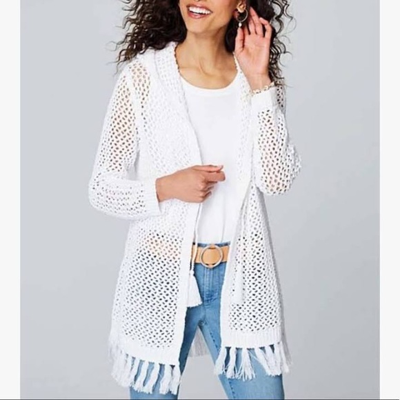 J. Jill Sweaters - J. Jill White Crochet Tassel Beach Summer Cardigan